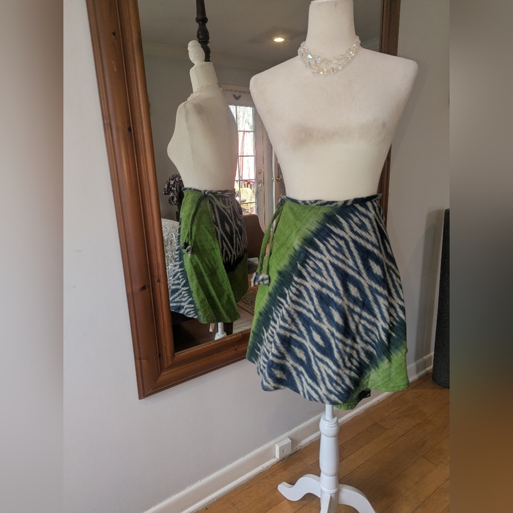 Imported Thai Battik Handcrafted Green and Navy Wrap Skirt